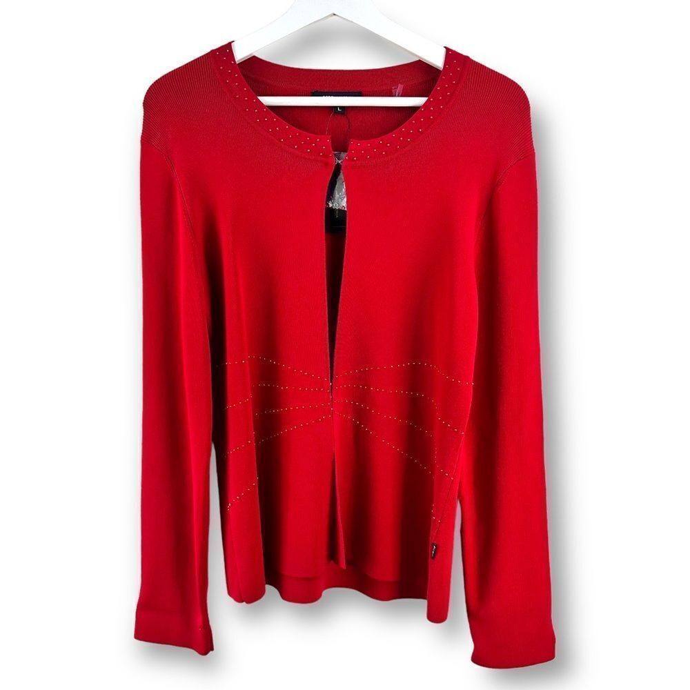 BCBGMaxAzria Red Cardigan L Beaded Holiday Office Classic
